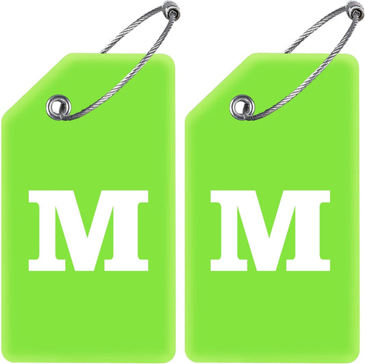 Gostwo 2 Pack Silicone Luggage Tags for Suitcases, 26 Initial Letter Baggage Labels Handbag School Bag Suitcase Instrument Tag with Stainless Steel Loop(Green)(Letter M)