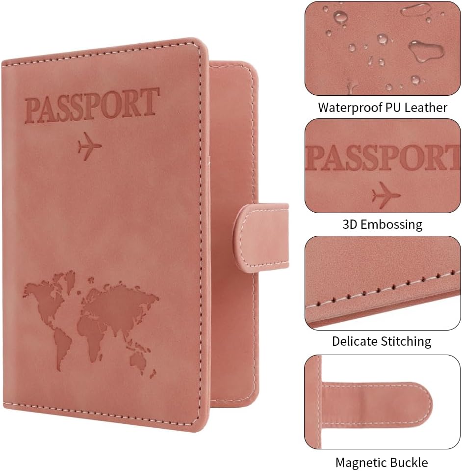 Passport Holder for Travel, Passport Cover Wallet, Premium PU Leather Passport Book Card Holder Case for Women Men, Waterproof RFID Blocking Flying Travelling Essentials Vacation Must Haves, Pink