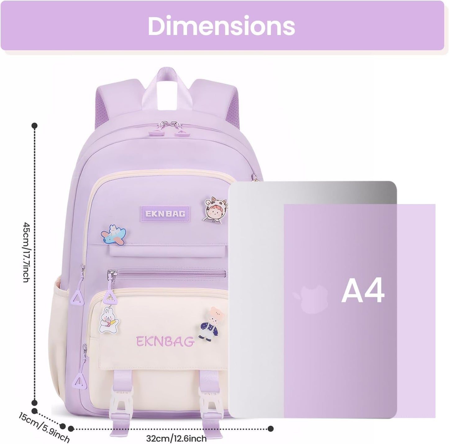 Tanou School Backpacks for Girls, Kawaii Kids School Bag with Pendant, Elementary Primary Middle School Lightweight 20L, Purple