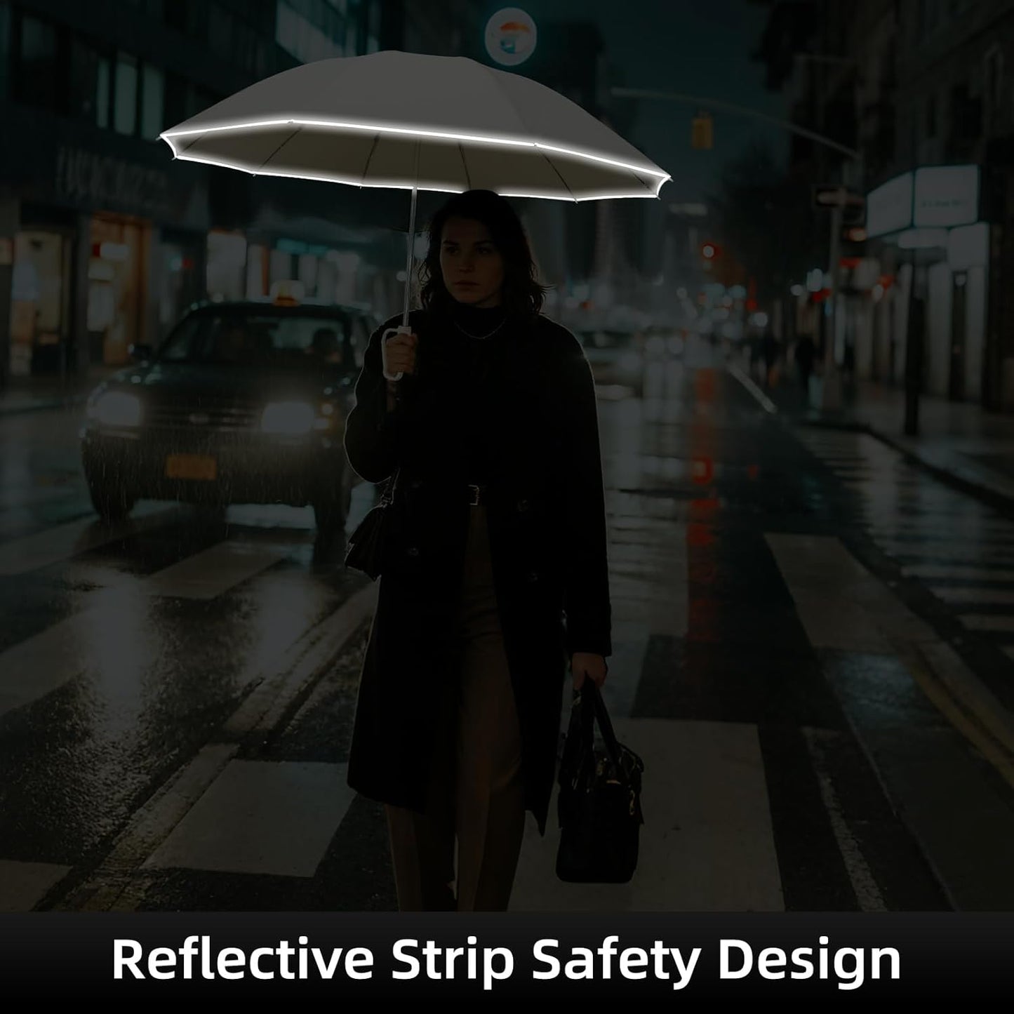 50in Inverted Folding Travel Umbrella – Windproof 10Ribs Upside Down Umbrella with Carabiner Handle, Rain Sun Protection for Women Men (Black)