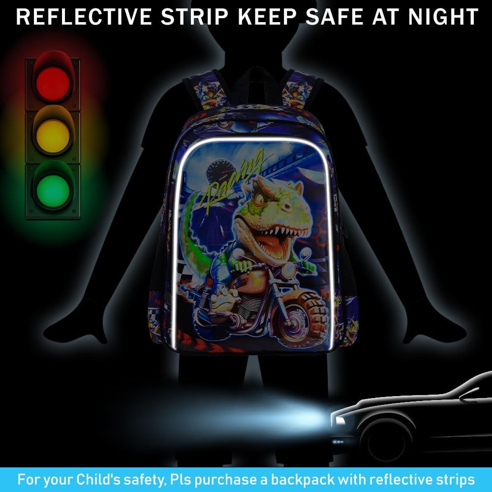 3PCS Dinosaur Backpack for Boys, 16 Inch Kids Water Resistant Preschool Elementary Kindergarten