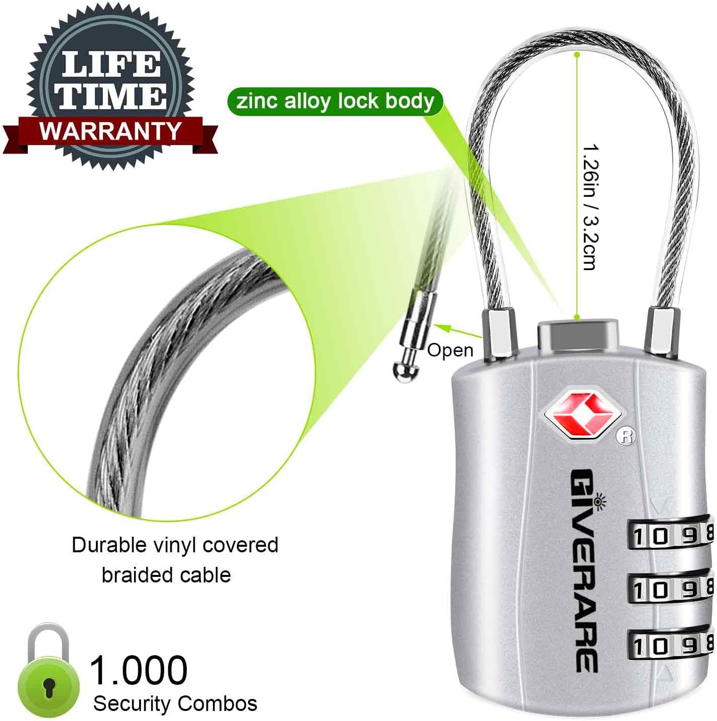 GIVERARE 2 Pack TSA Approved Luggage Locks, Combination Travel Cable Lock, Re-settable 3-Digit Padlocks with Alloy Body, Keyless TSA Padlock for Gym Locker, Golf Bag Case-Silver