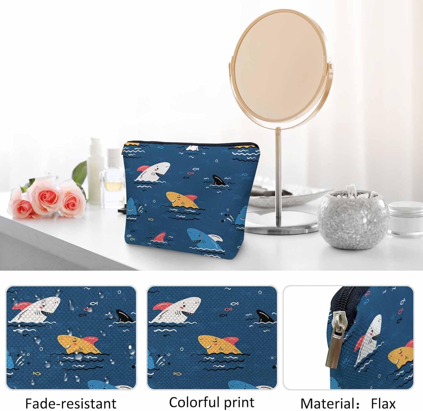 Shark Cosmetic Bags For Women, Cute Ocean Sea Wildlife Sharks Blue Roomy Makeup Bag Toiletry Bag Accessories Organizer Storage Bags Makeup Pouch For Travel Business Gym Camping Bathroom