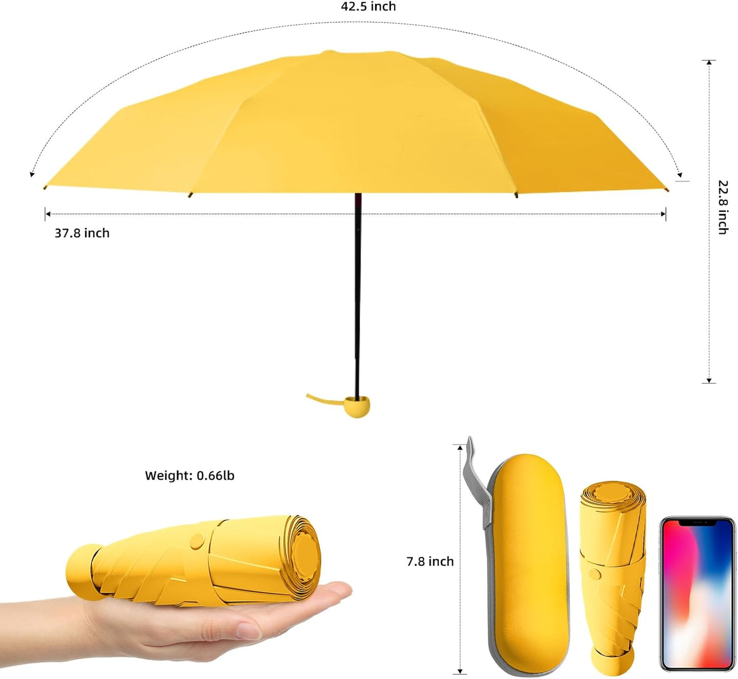 Travel Mini Folding Compact Umbrella with Case, 8 Ribs Lightweight Portable, Small Sun & Rain Pocket Umbrella for Girls and Women