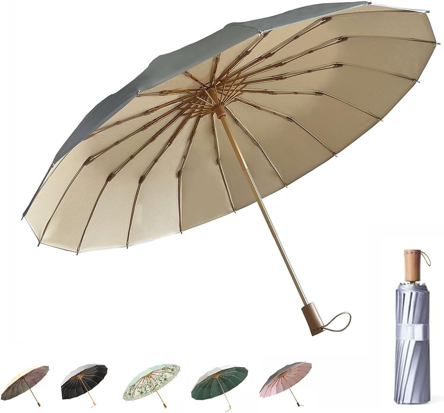 Folding umbrellas for rain and sun UPF 50+ UV Protection Windproof waterproofing and Strong Travel Essentials for Men Women 16 Ribs Wooden Handle Yellow Umbrella