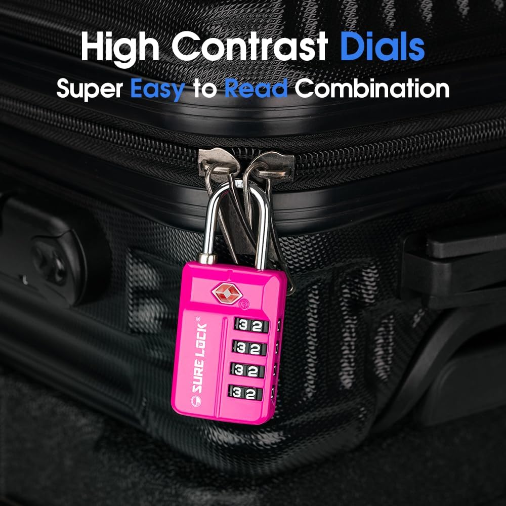 SURE LOCK TSA Approved 4-Digit Resettable Combination Luggage Locks with Open Alert, Easy-Read