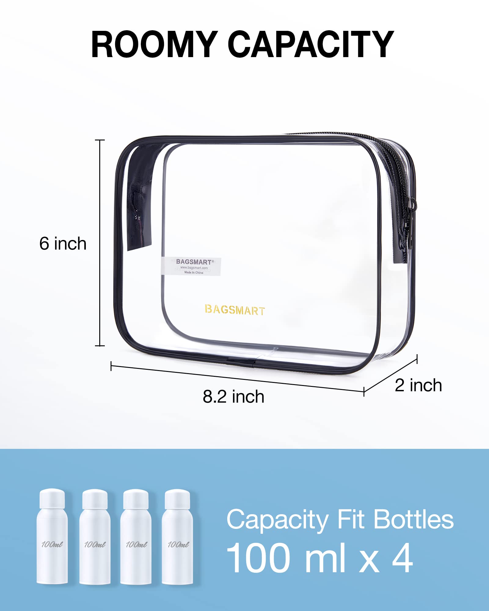 BAGSMART Clear Toiletry Bag 2-Pack TSA Approved Water-Repellent, Black