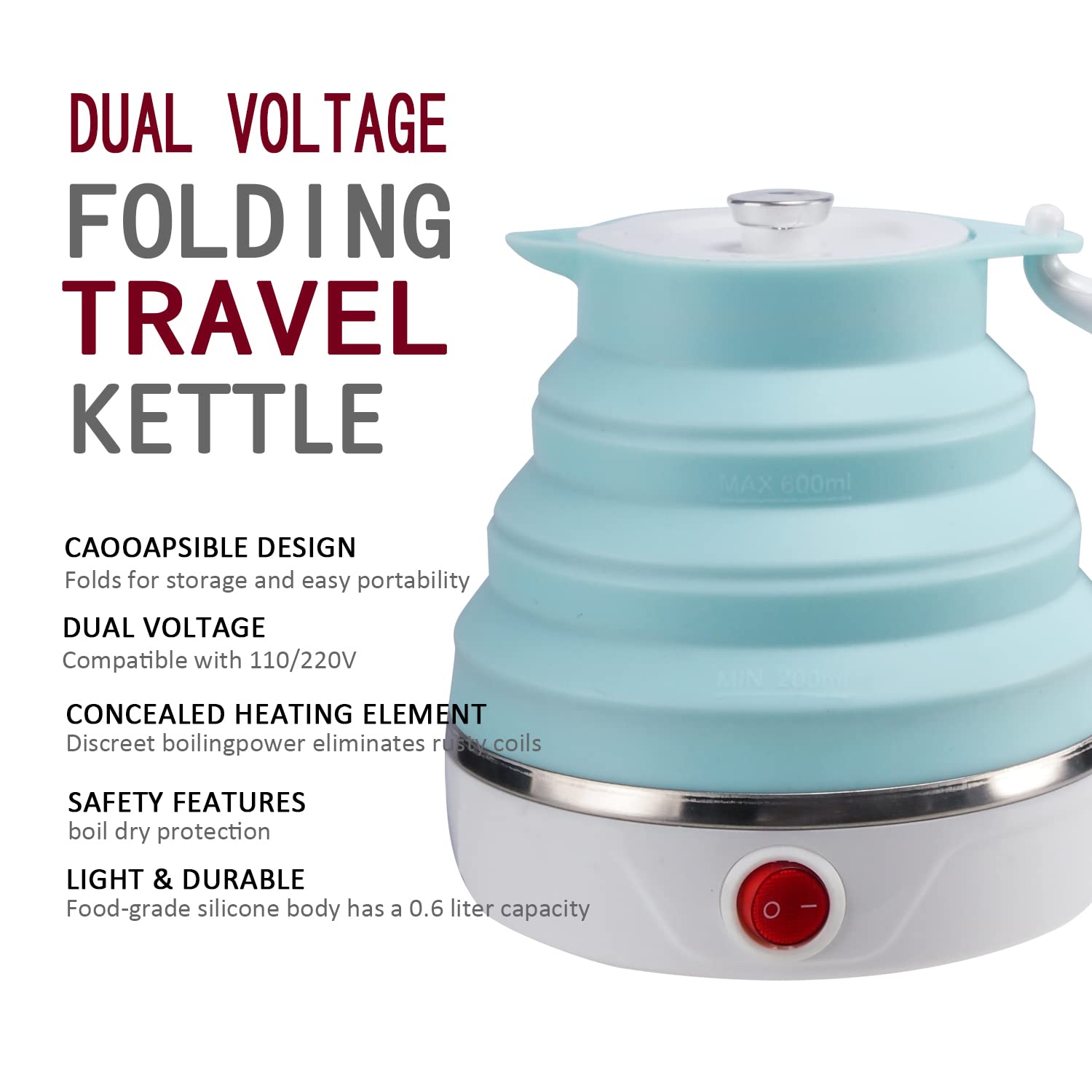 Travel Foldable Electric Kettle, Collapsible Electric Kettle Food Grade Silicone Small Pot Boiling