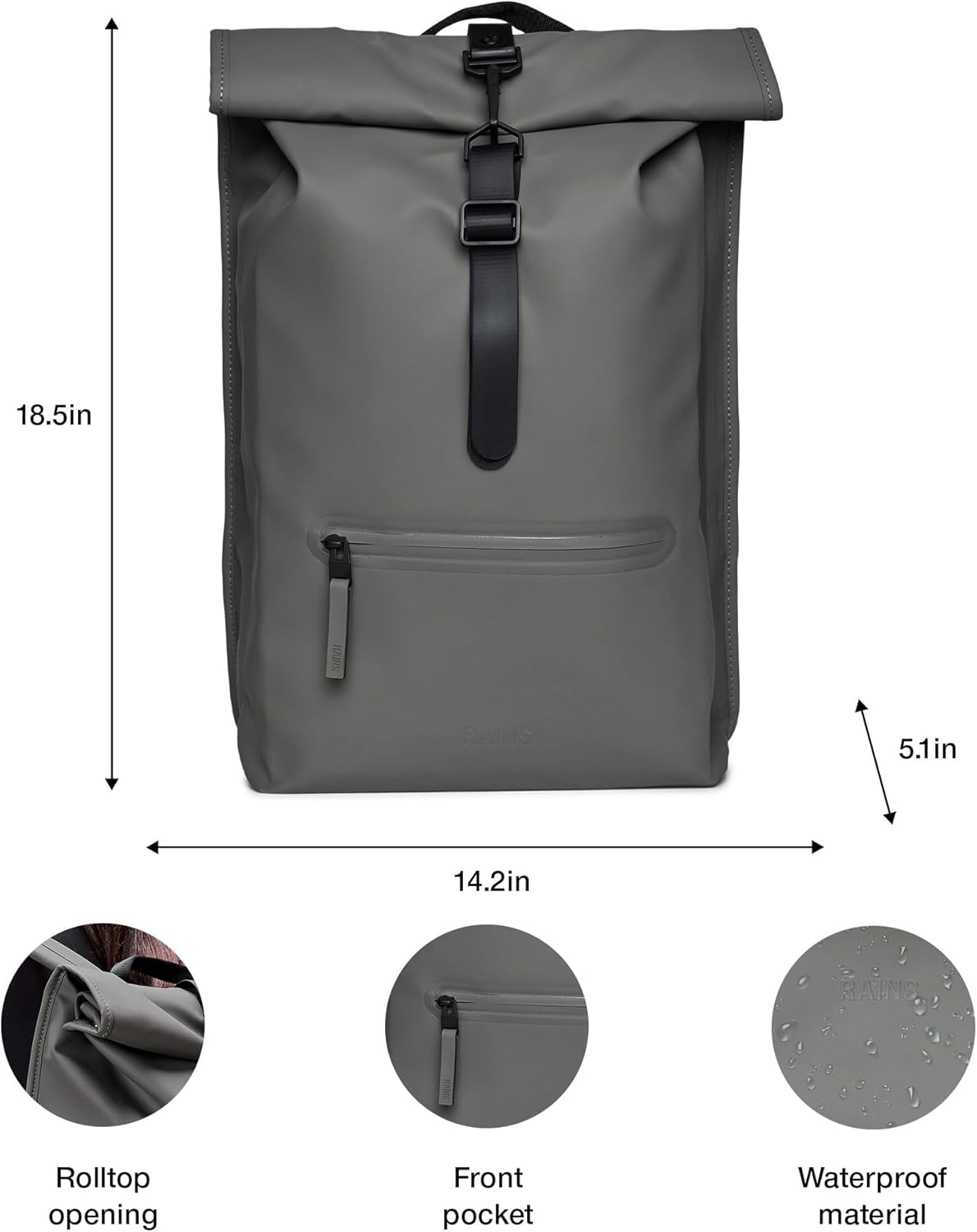 RAINS Rolltop Rucksack – Grey Waterproof Rolltop Backpack Water Resistant Water Repellent Commuter Travel Pack Urban Minimalist Design – 2 Year Warranty