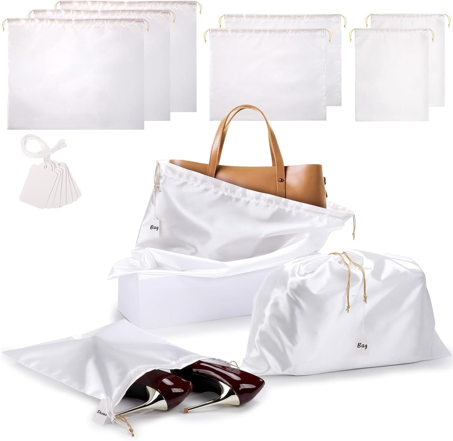 Ewen 7Pcs Dust Bags for Handbags, Satin Travel Dust Cover Bag, 2Pack 11.8x15.7in DustBag for Shoes, 2Pcs 19.6x15.7in Storage, Pack of 3 23.6x19.6in Bag for Purse, White Silk Cloth Bags with Drawstring