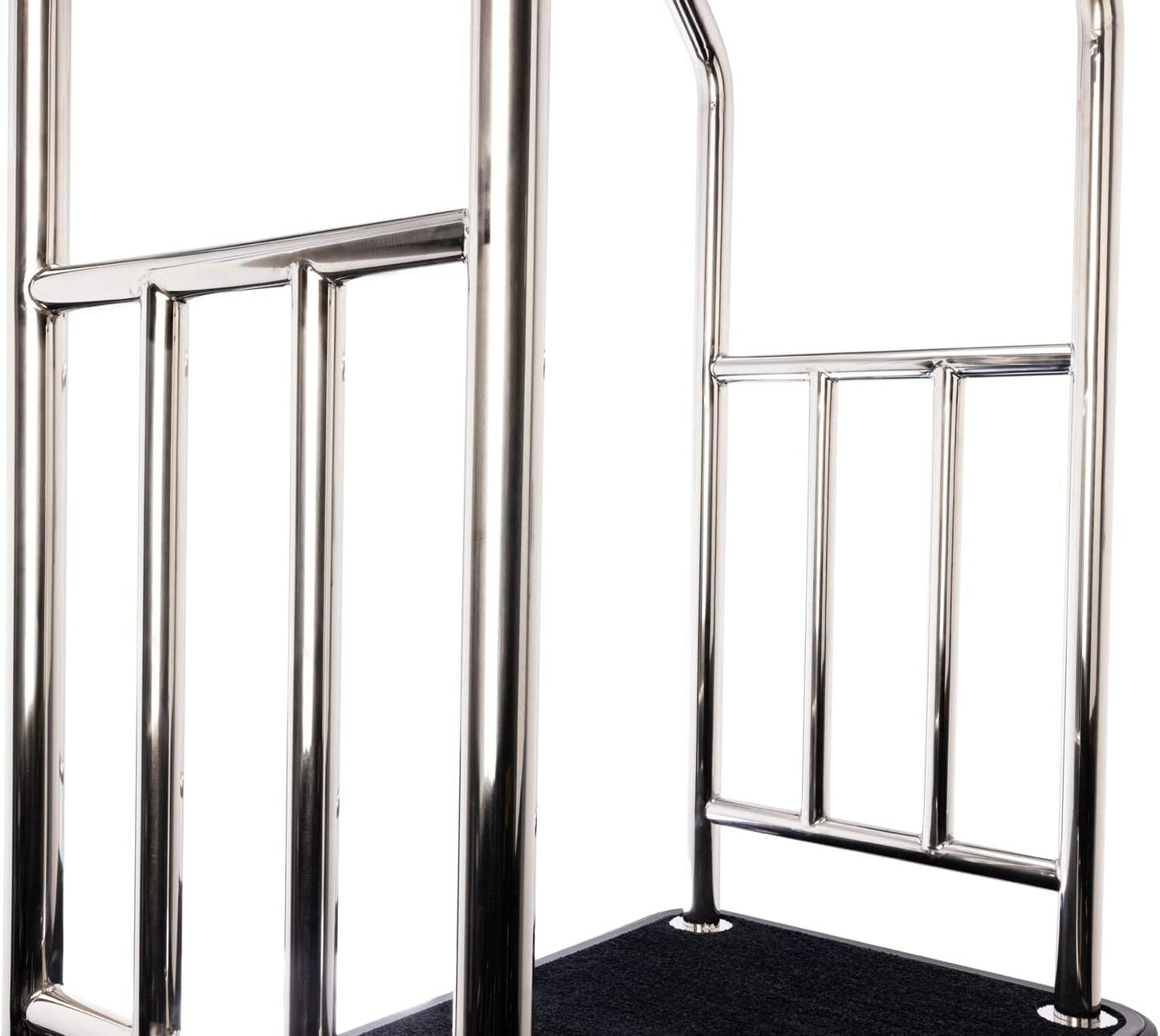 Grand Lux Stainless Steel Luggage Cart – Hotel Bellman Cart – 2" Welded Steel Frame Valet w/Plush Carpeted Deck, 8" Wheels – Ideal for Hotel Resorts, Large Events - 1000 LB