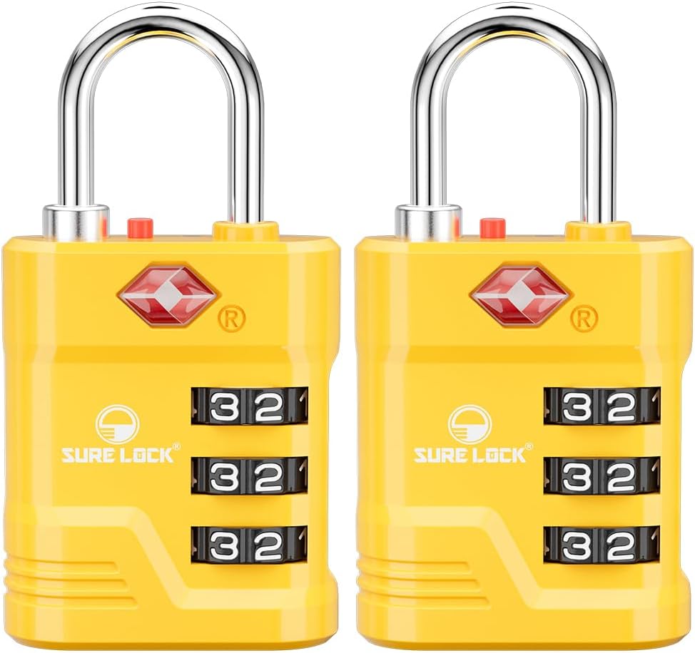 SURE LOCK TSA Locks for Luggage, TSA Approved Luggage Locks with Open Alert, 008 Key for High Security, Easy Read Dials, Zinc Alloy Body, Locker Lock for Suitcase, Gym, Travel(Yellow 2 pk)