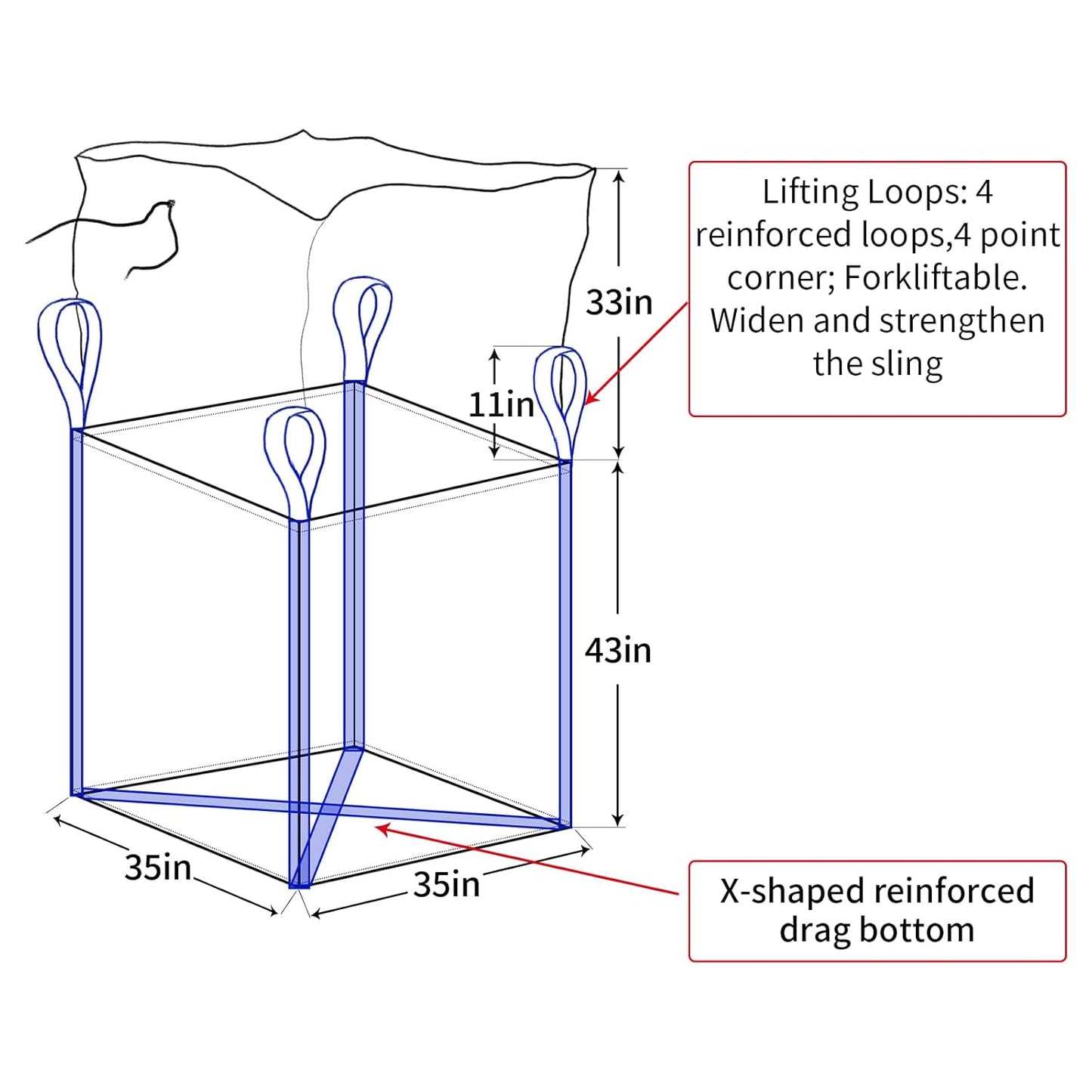 2 Pack FIBC Bulk Bag, Flexible Bulk Bags1.5 Ton Bag, 35"L x 35"W x 43"H, 3300lbs SWL, Duffle Top Flat Bottom Heavy Duty, Woven Polypropylene Waste Bag