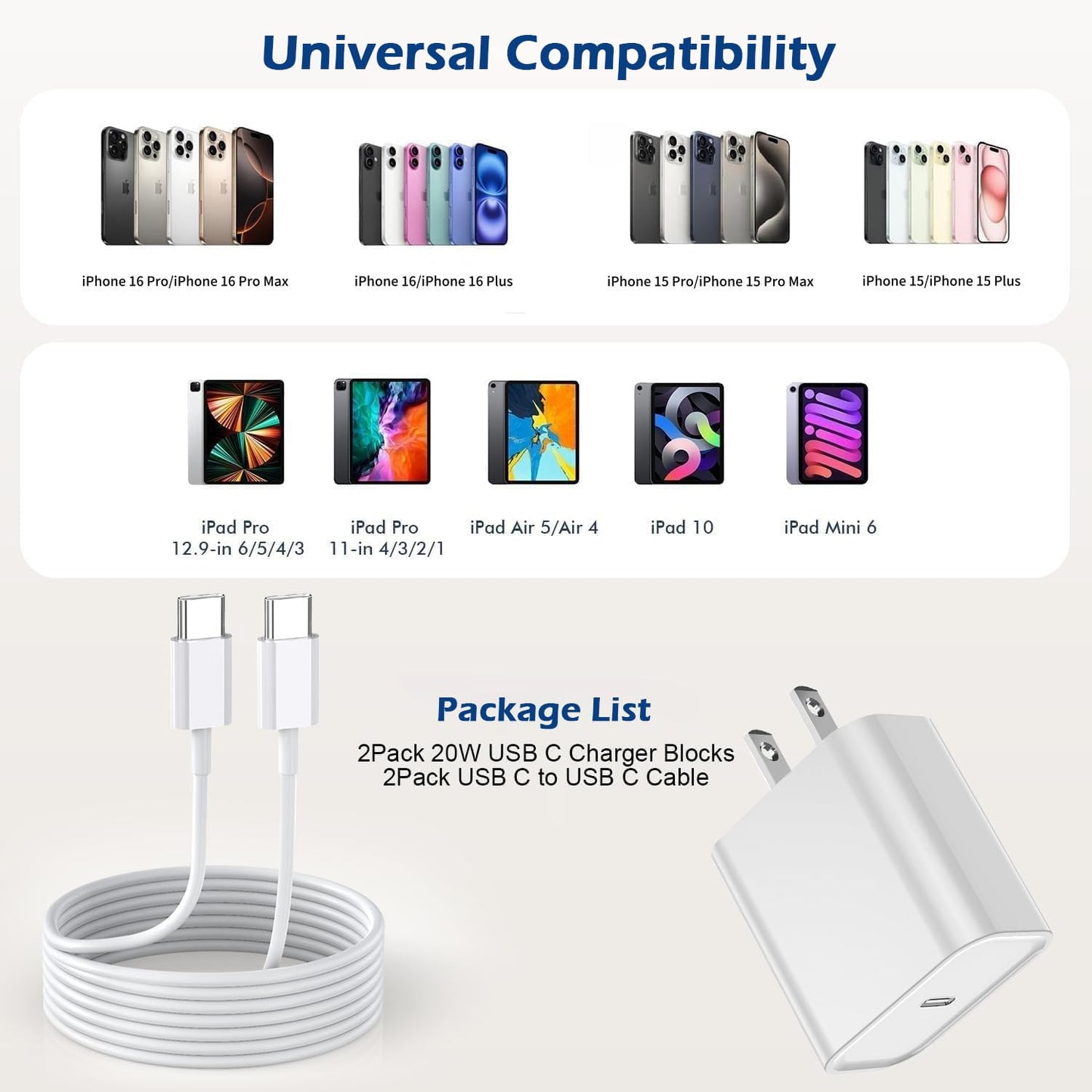 Fast Charging for iPhone 16/16e,Apple Charger Fast Charging,2Pack 20W USB C Charger Block with Extra Long 10FT USB C to Type C Charger Cable Cord for iPhone 16/16e/16Pro/16ProMax/15/iPad Pro/Air/Mini