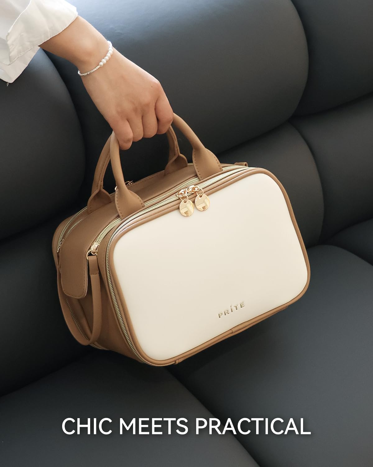 Prite Makeup Bag for Women, Large Capacity Waterproof Travel Cosmetic Organizer, Portable Open Flat