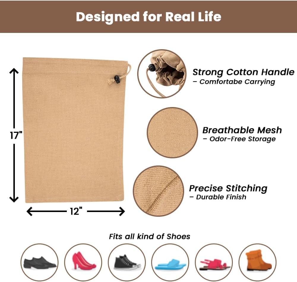 LFH Cotton Rich Shoe Storage Bags with Drawstring, Dustproof Breathable Reusable Organizer, Perfect For Travel, Dorm, Hotel, College, Gym, Easy to Carry, Machine Washable 12"x17" (Pack of 2) - Beige
