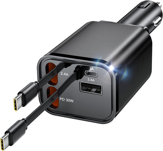 69W Fast Charging USB C Car Charger, 4-in-1 Retractable Phone Charger for iPhone 17, Travel Essentials, Gifts for Women Men, Car Accessories for Women Men, for iPhone 17 16 15 14 13, Galaxy, Pixel