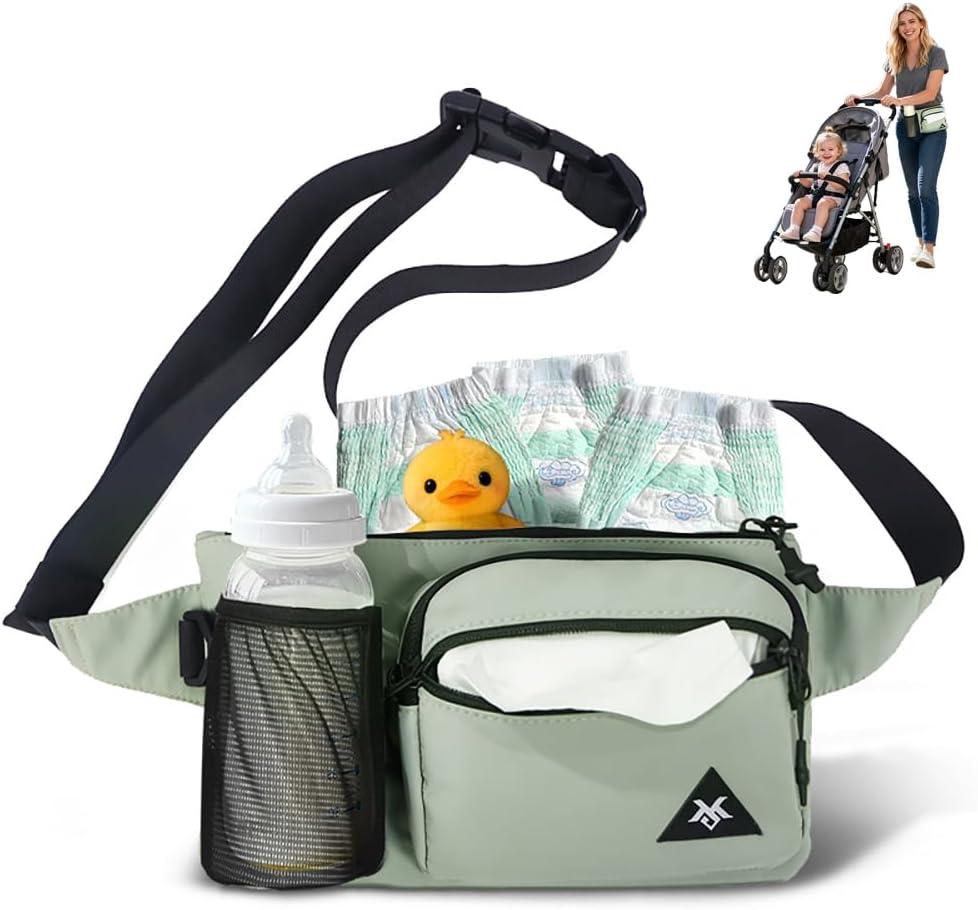 small fanny pack diaper bag,for women,with water bottle holder and tissue pocket,lightweight adjustable transverse nylon waist bag,for travel,picnic,daily use,green