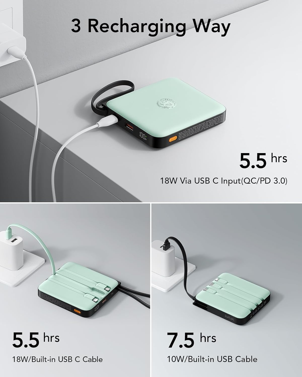 VRURC Portable Power Bank Built-in Cables, 20000mAh 22.5W Fast Charging USB C Battery Pack, Phone Charger Battery, for iPhone 16 15 14 13 12 11 Samsung Galaxy S23 S22, Green(1 Pack)