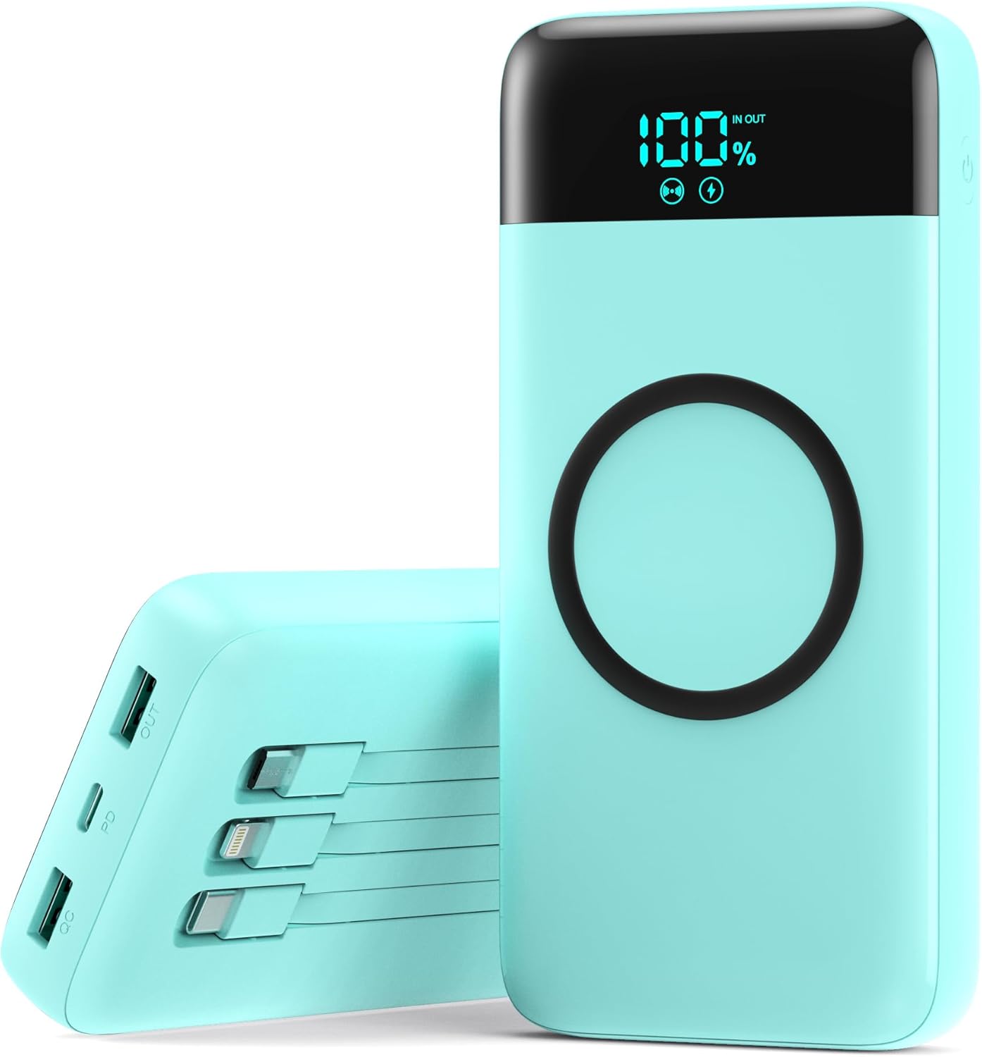 Wireless Portable Charger 40800mAh for iPhone with 3 Built-in Cables,7-in-1 15W Wireless Charging USB C Power Bank,25W PD Fast Charging Travel Essential Battery Pack for iPhone 17/16/15,Android-Green
