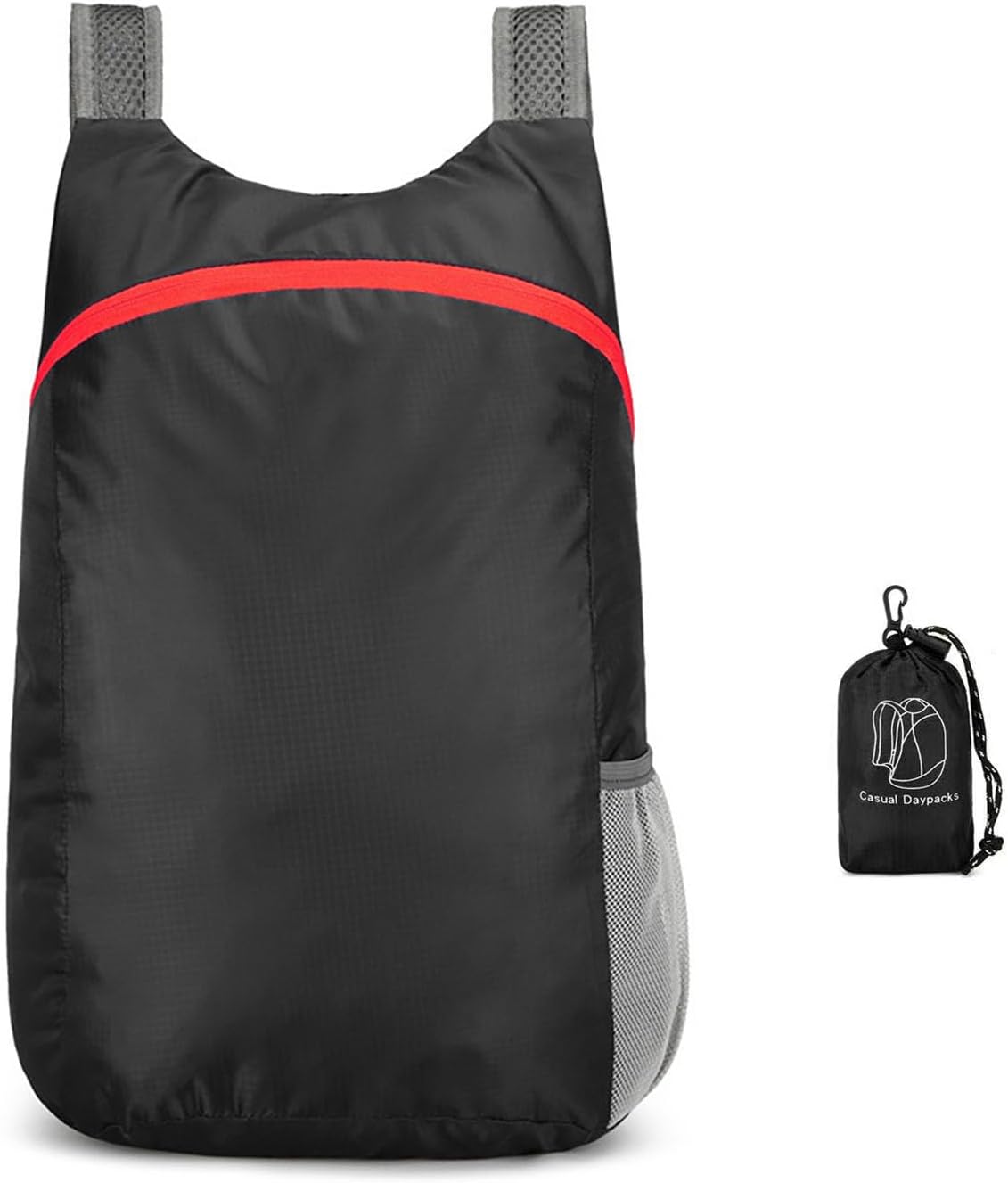 Lightweight Foldable Waterproof Backpack For Men Women Outdoor Sports Travel Leisure Bag Hiking Small Daypack 20L (Black-Red)