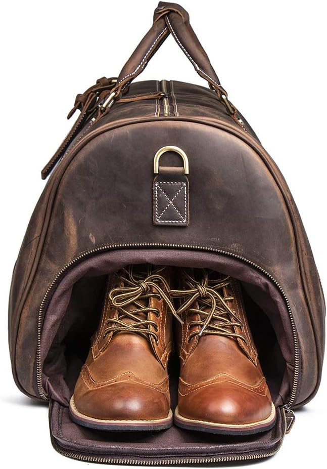 Leather Travel Luggage Bag, Mens Duffle Retro Carry on Handbag(Dark Browm, 24 Inch)