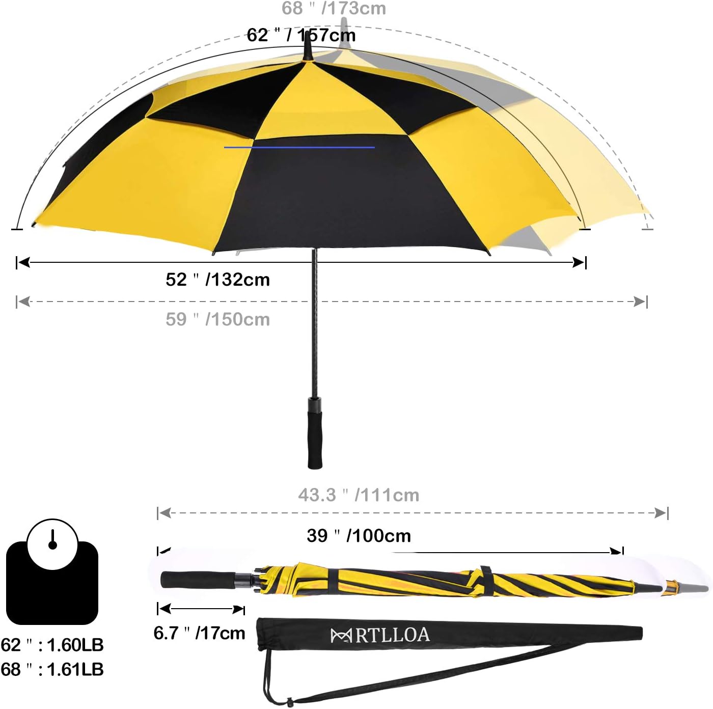 MRTLLOA Extra Large Golf Umbrella, 54/62/68/72 Inch Automatic Open, Oversize Double Canopy Vented Windproof Waterproof Sports Umbrellas for Rain