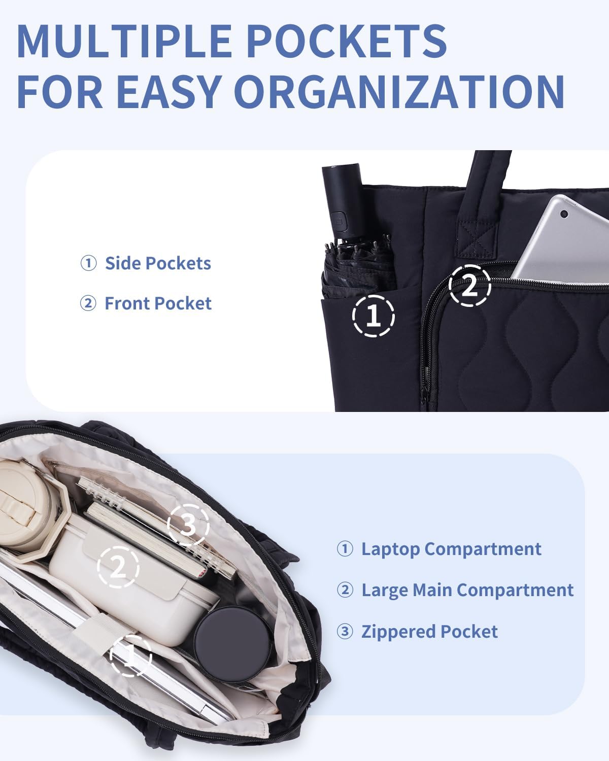 Ceneda Tote Bag for Women With 40oz Cup Holder, Puffer Work Laptop Tote Bag With Zipper for Travel, Teacher, Nurse
