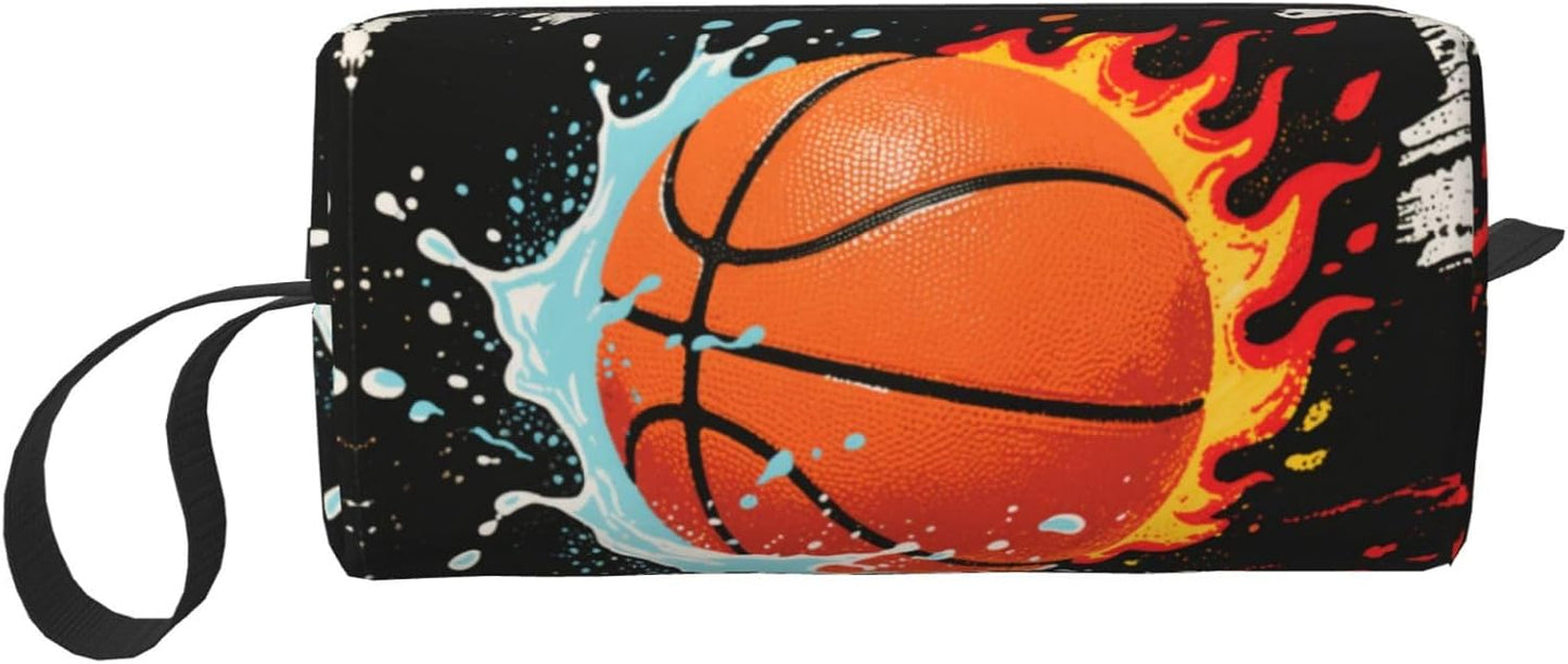 Flame & Splash Basketball Makeup Bag Small Compact & Durable Travel Cosmetic Bag Organizer Oxford Fabric Impact-Resistant Multi-Purpose Storage Perfect for Travel, Gym, Daily Use