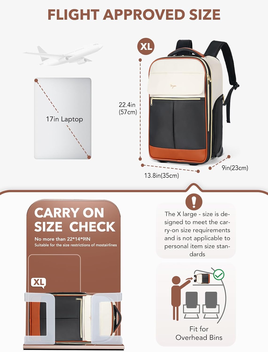 Rolling Backpack for Women, 22 Inch Carry on Luggage Suitcase Flight Approved, X Large Roller Travel Laptop Backpack with Wheels for Overnight Weekender Bussiness Work (Beige,XL Carry on Size)
