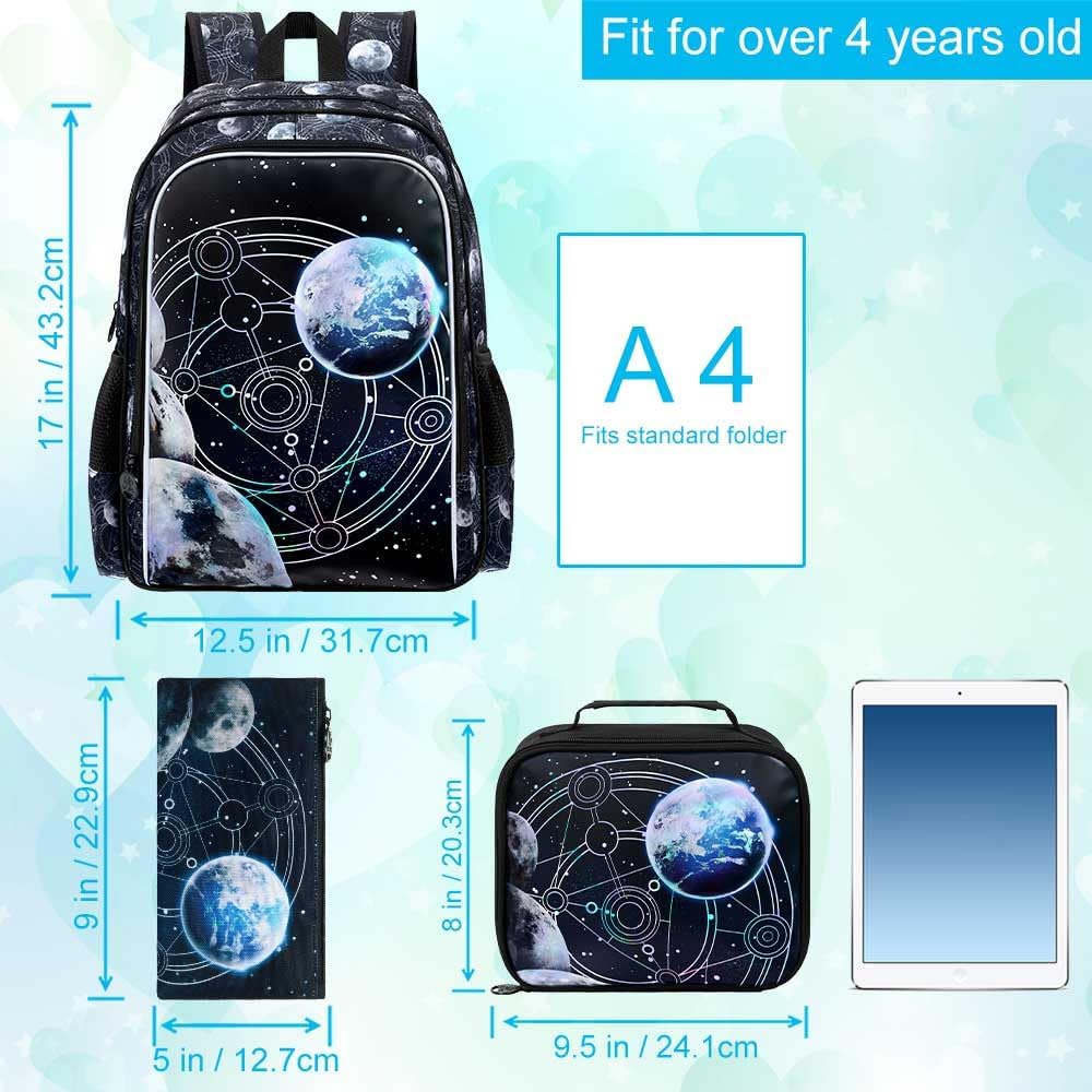 gxtvo 3PCS Boys Planet Bookbag, 17" Kids Bookbag with Lunch Box, Water Resistant Middle Elementary Preschool School Bag