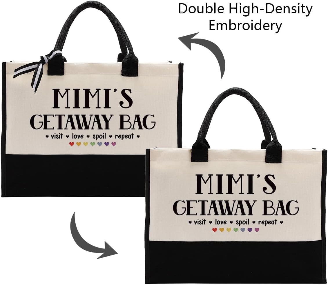 EDCTO Canvas Bag Gift for Mimi, Mummy Gift, MIMI's Getaway Bag, Cotton Canvas Tote Bag, Shoulder Beach Bag, Reusable Shopping Bag, Women Canvas Bag Gift for Mom Grandma, Birthday Mother's Day Gift