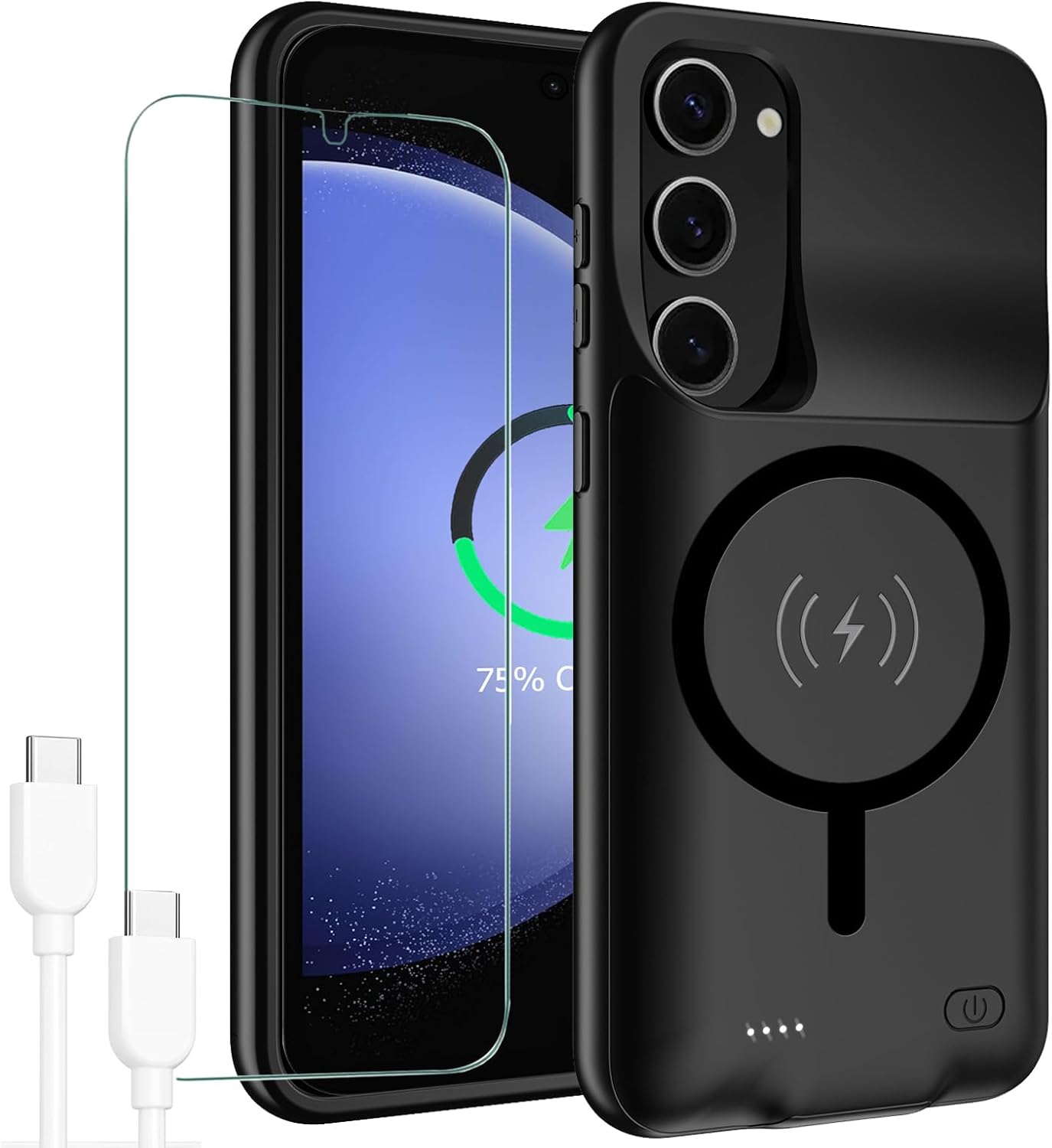 Battery Case for Galaxy S23,[10000mAh] High Capacity Rechargeable Portable Protective Extended Charger Cover Compatible with Galaxy S23 (6.1 inch) Wireless Charging Case with Screen Protector-Black