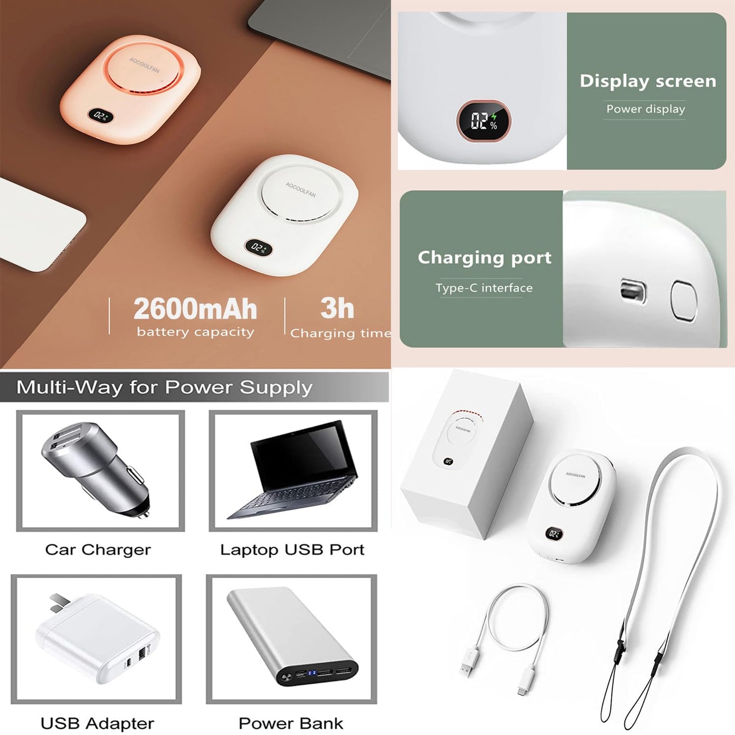 AOCOOLFAN Portable Neck Fan, Mini Small Personal Handheld Fan USB Rechargeable 3 Speed for Girls
