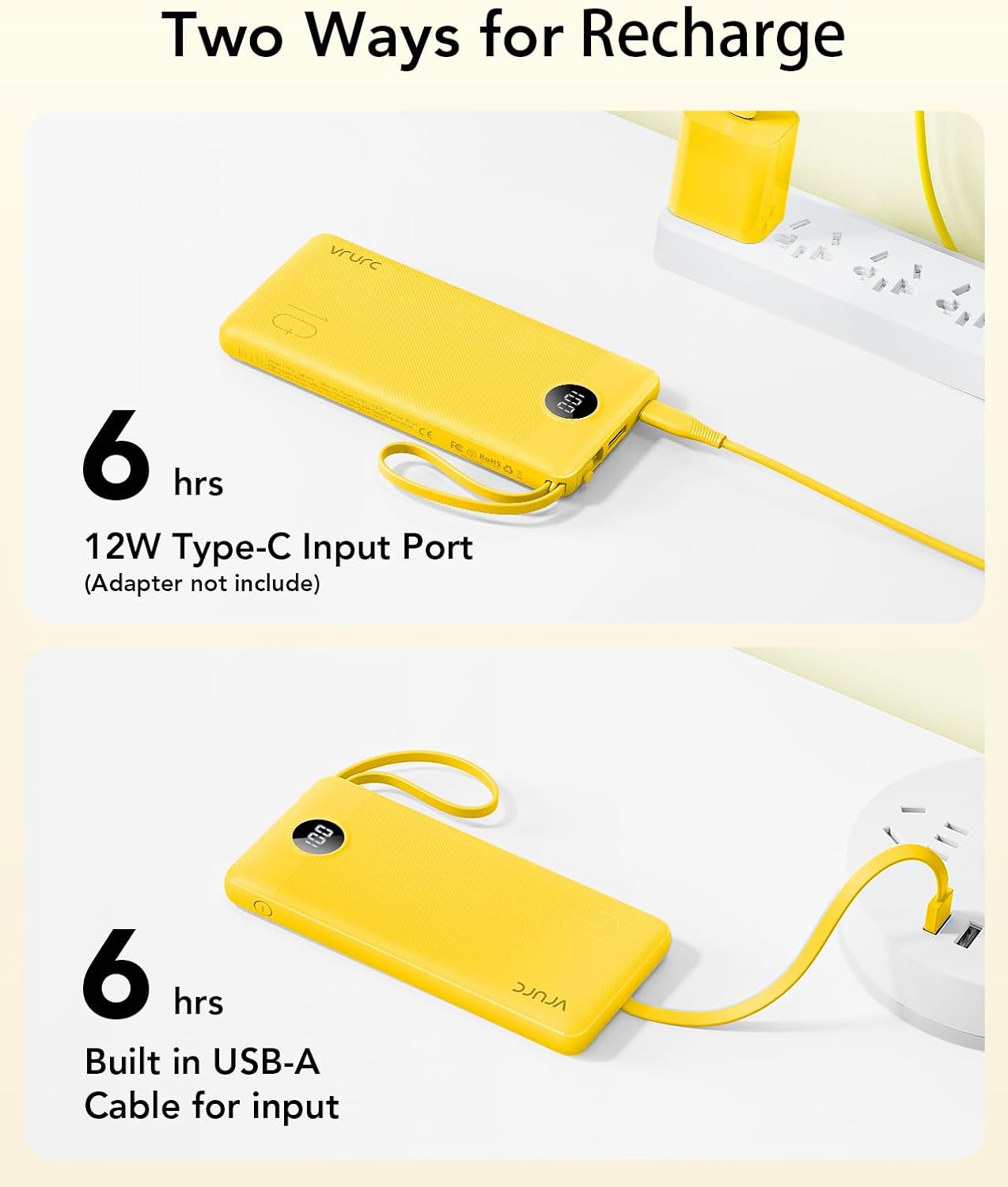 VRURC Portable Charger with Built-in Cables, 10000mAh LED Display USB C Power Bank, Slim Travel Battery Pack with 5 Output 2 Input Compatible with iPhone 17 16 15 13,Samsung,Android etc-Yellow(1 Pack)