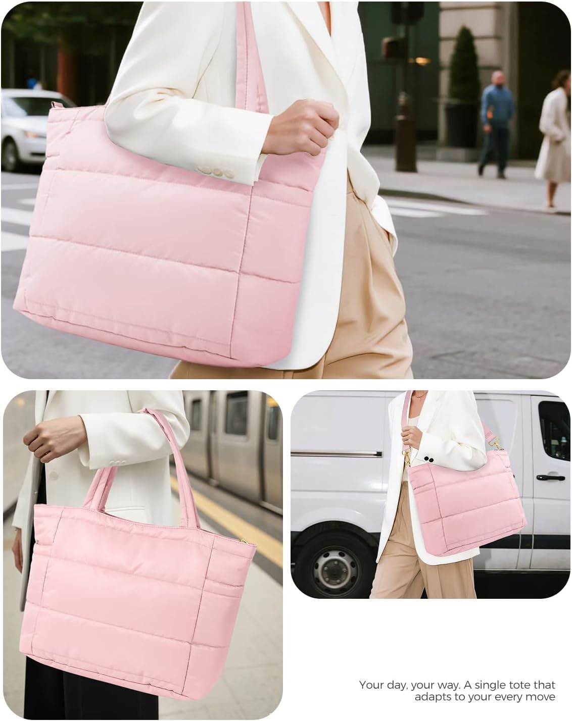 Puffer Tote Bag for Women, Lightweight Quilted Work Purse with Phone Pocket Fits 15.6" Laptop for Nurse Teacher Travel