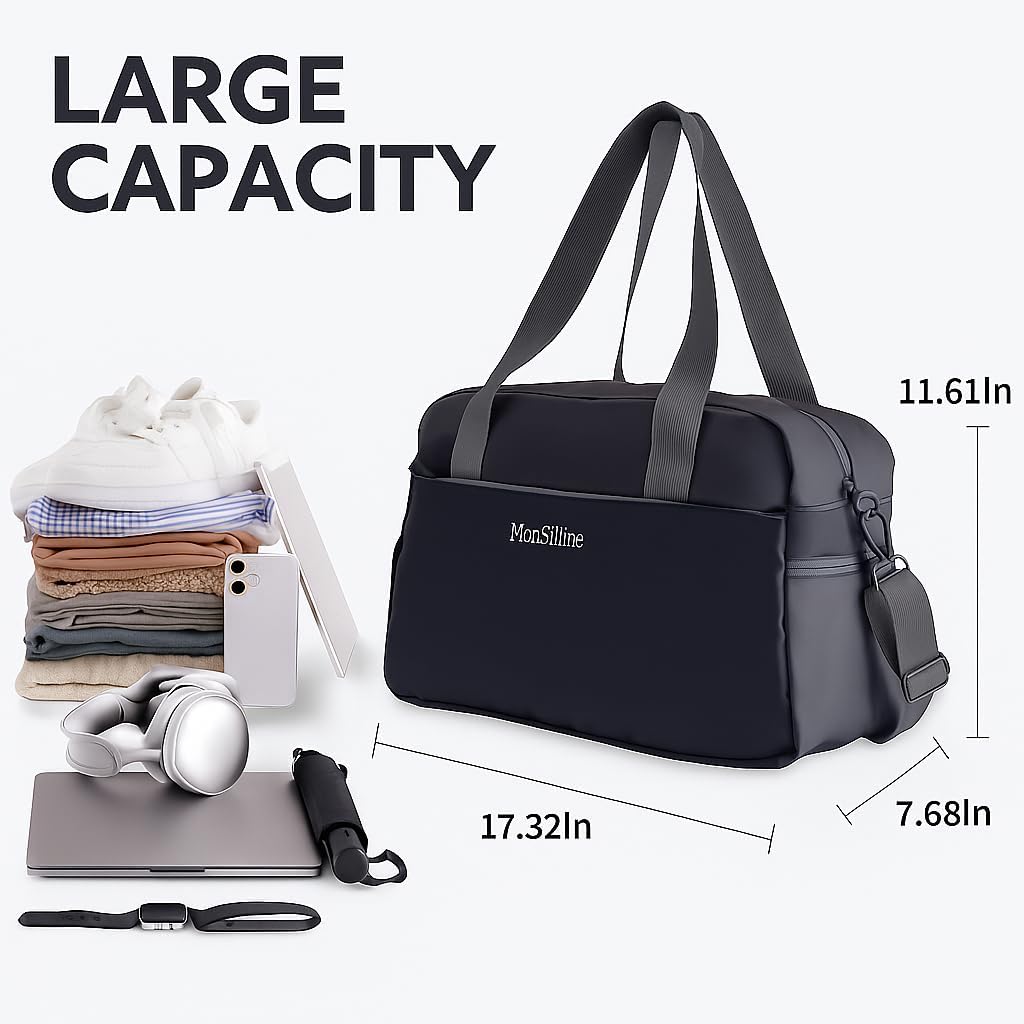 Gym Bag for Women Men with Shoe Compartment, Waterproof Small Duffle Bag for Travel, Sports, Weekend Lightweight Carry On Tote Bag (Black)