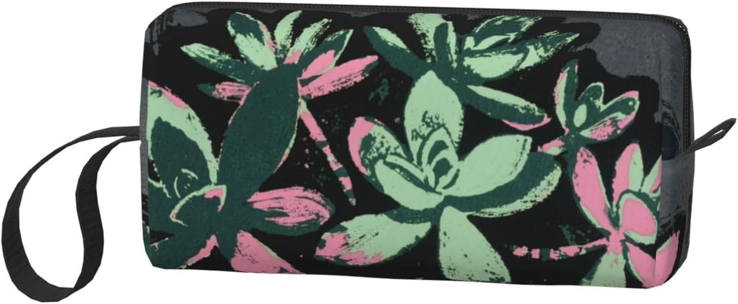 Green & Pink Succulents Makeup Bag Small Compact & Durable Travel Cosmetic Bag Organizer Oxford Fabric Impact-Resistant Multi-Purpose Storage Perfect for Travel, Gym, Daily Use