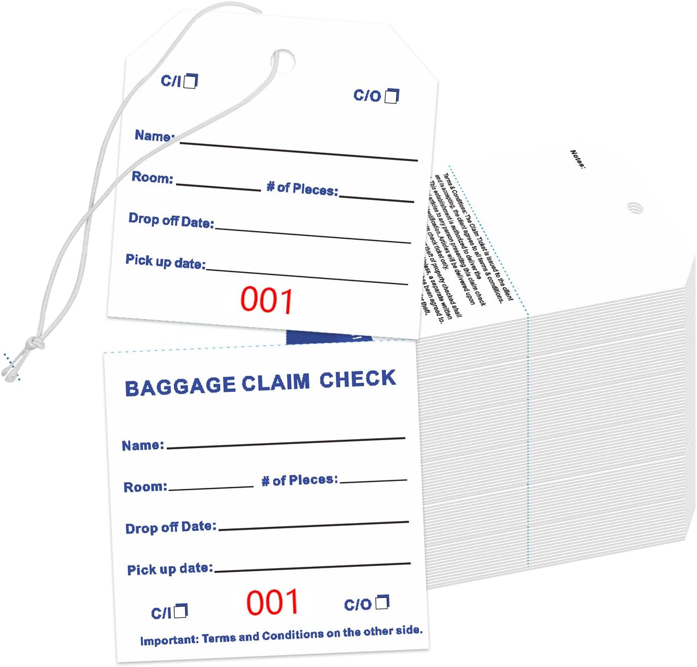 500 Baggage Claim Check Tags with Transfer Tape on Back, Hotel Luggage ID Tags Luggage Tag Bulk with White String, Baggage Identification for Hotel Suitcase Motel Bag