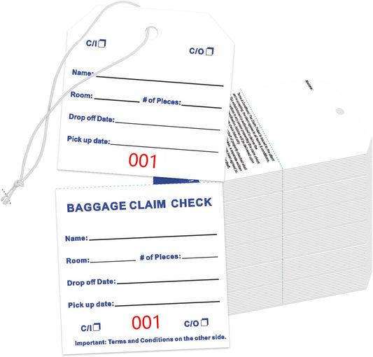 500 Baggage Claim Check Tags with Transfer Tape on Back, Hotel Luggage ID Tags Luggage Tag Bulk with White String, Baggage Identification for Hotel Suitcase Motel Bag