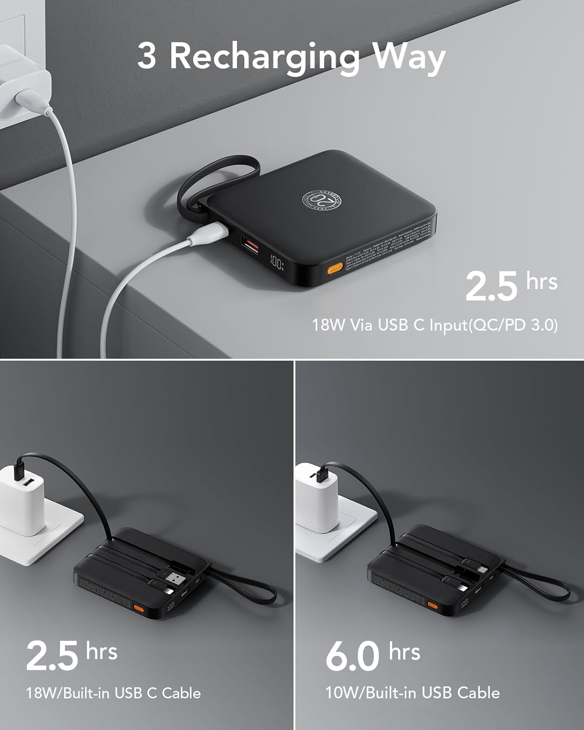 VRURC Portable Charger with Built-in Cable, 10000mAh 22.5W Fast Charging USB C Battery Pack, Cell