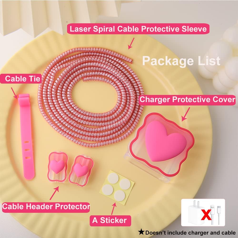 Compatible with iPhone 18W/20W USB-C Charger Cover Lovely 3D Love Heart Waves Clear Soft Charger Protector Cute Cable Saver for iPhone 11 12 13 14 Pro Max Fast Power Adapter, Rose 1 (5in1)