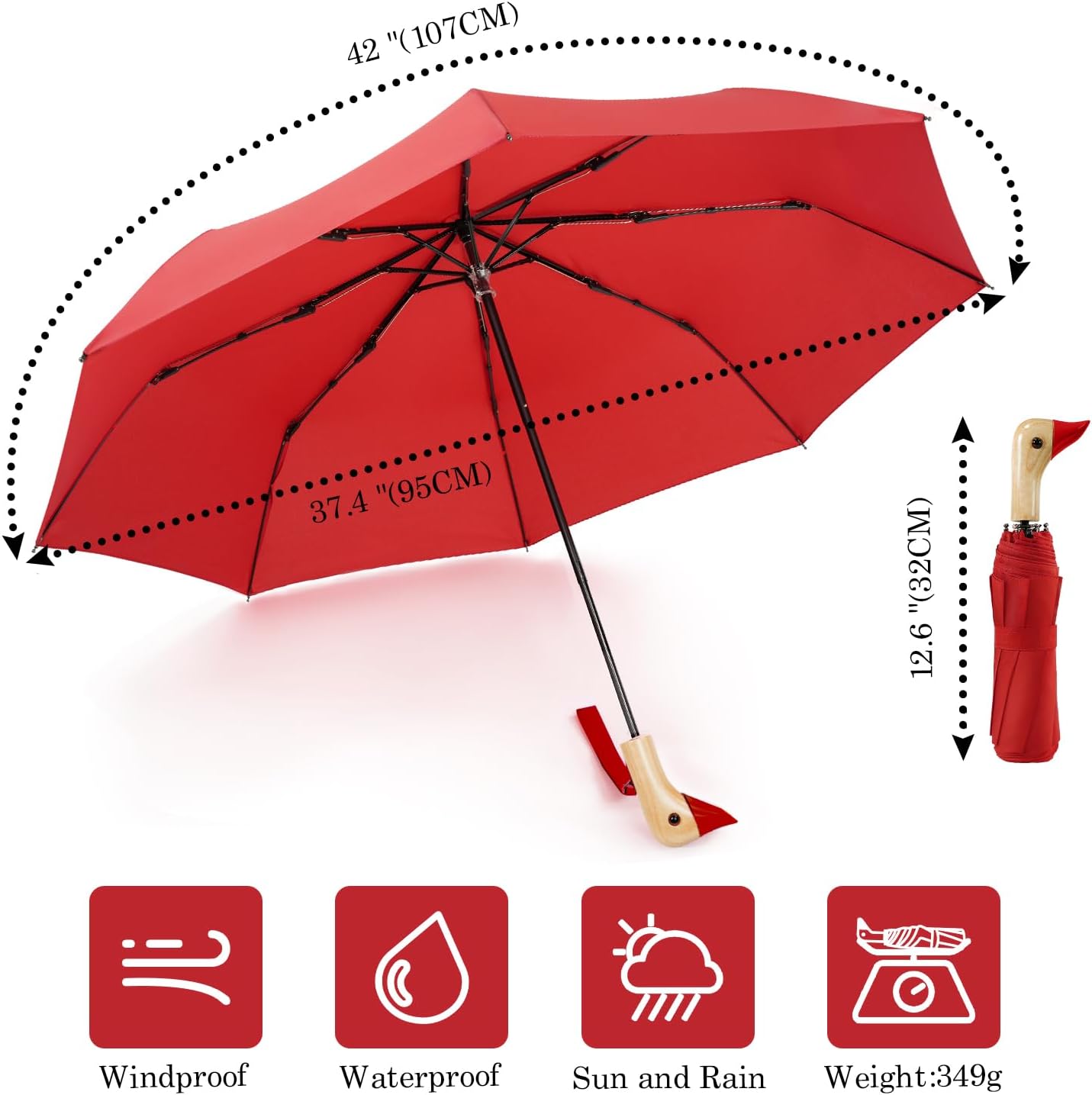 Cute Duck Handle Umbrella - Compact Travel Yellow Duck Head Umbrella for Adults and Girls