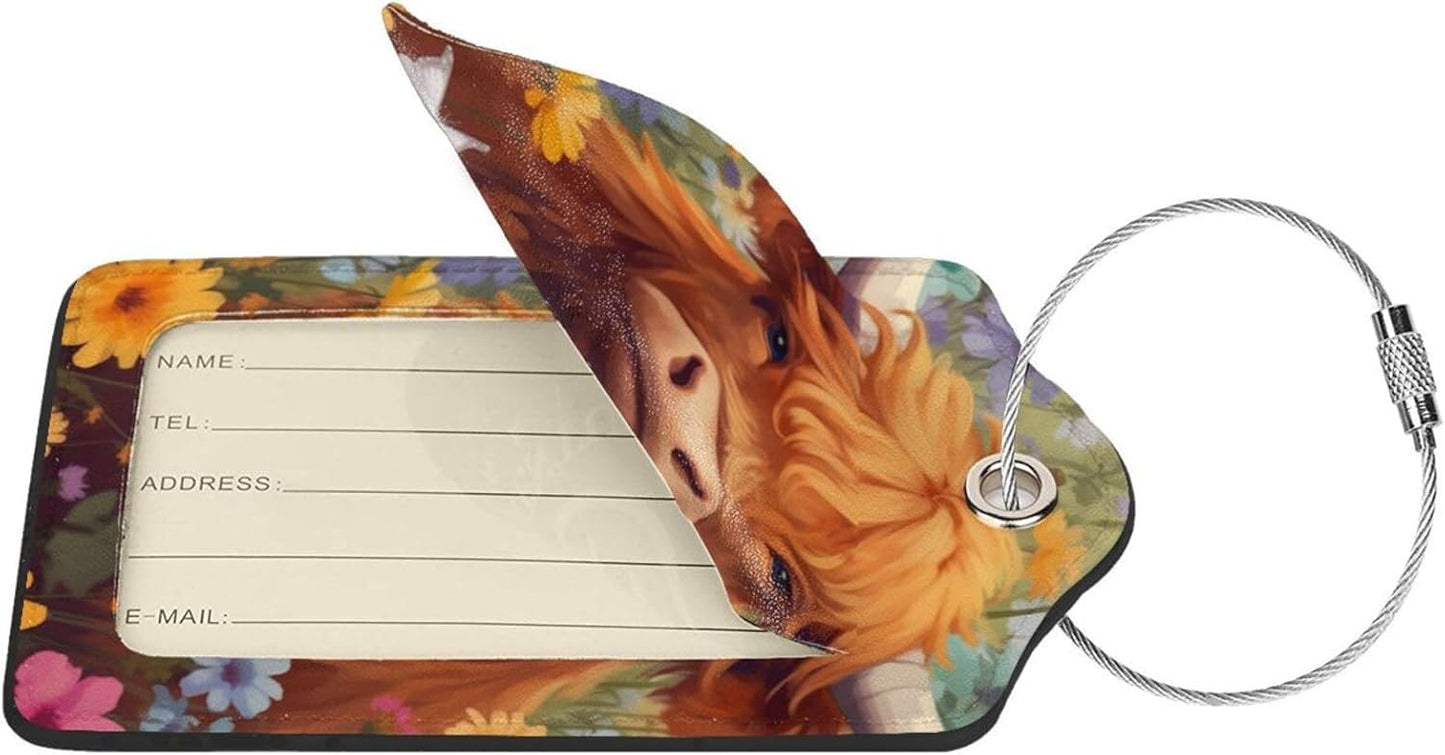 2 Pack Luggage Tag for Suitcase, Cute Leather Suitcase Tags Identifiers with Privacy Name Address Labels Durable Steel Loop for Women Men Girl Travel (Cow in Flowers)