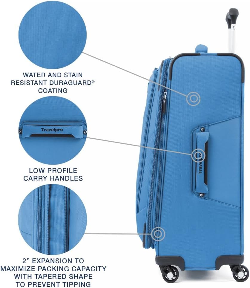 Travelpro Maxlite 5 Softside Expandable Checked Luggage with 4 Spinner Wheels, Lightweight Suitcase, Men and Women, Azure Blue, Checked Medium 25-Inch