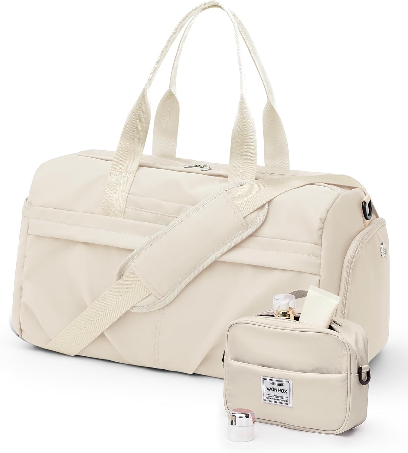 Gym Bag for Women Men, Sport Duffel Bag with Toiletry Bag & Shoe Compartment,Waterproof Travel Weekender Overnight Carry on Bag for Yoga with Trolley Sleeve, Beige Set