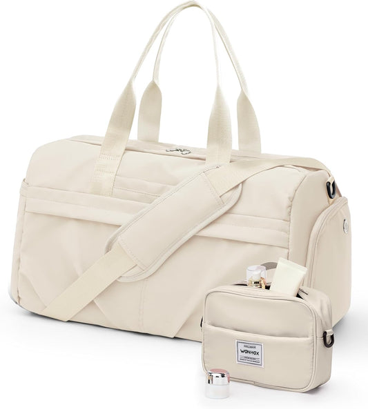 Gym Bag for Women Men, Sport Duffel Bag with Toiletry Bag & Shoe Compartment,Waterproof Travel Weekender Overnight Carry on Bag for Yoga with Trolley Sleeve, Beige Set
