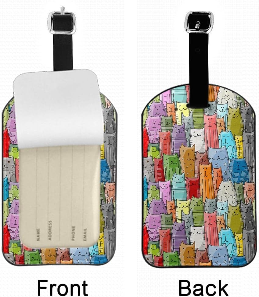 Funny Cats Family Travel Bag Tag Cartoon Seamless Animal Feline Doodle Repeat Design PU Leather Name ID Labels with Privacy Cover for Men Women Suitcase, 1 Pack