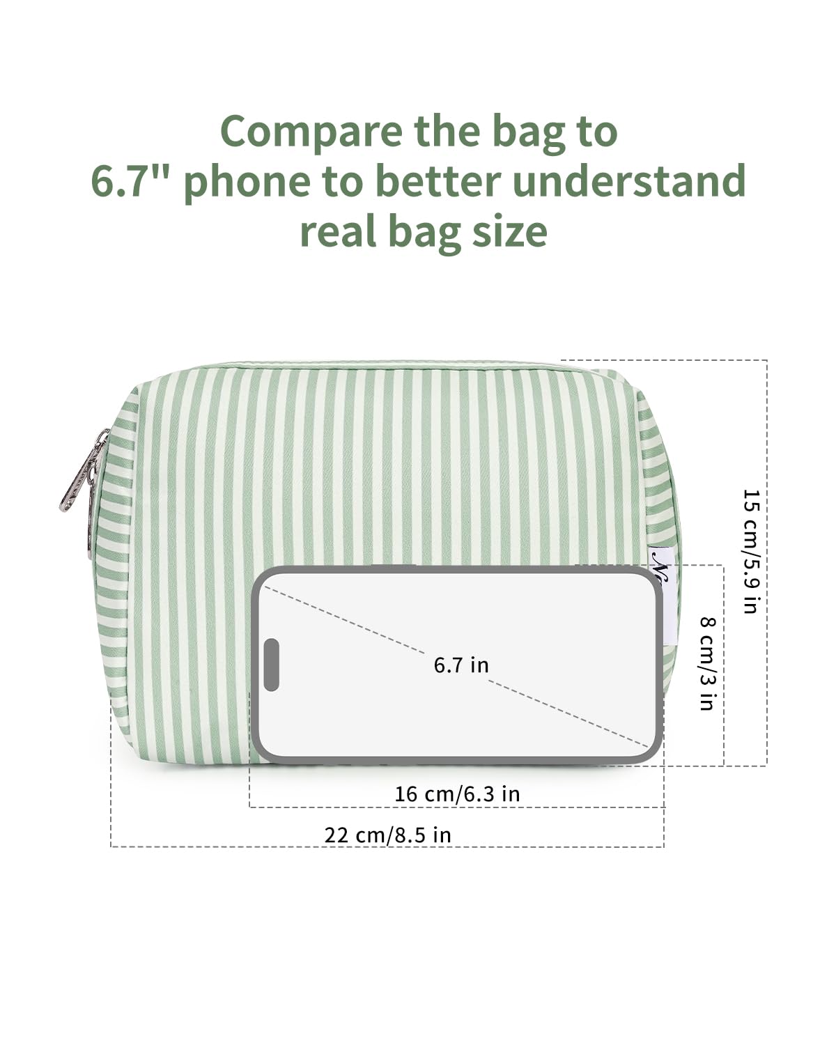 Narwey Striped Makeup Bag Travel Cosmetic Bag Organizer Toiletry Bag Make Up Bags with Compartments for Women Girls (Large, Mint Green Stripe)
