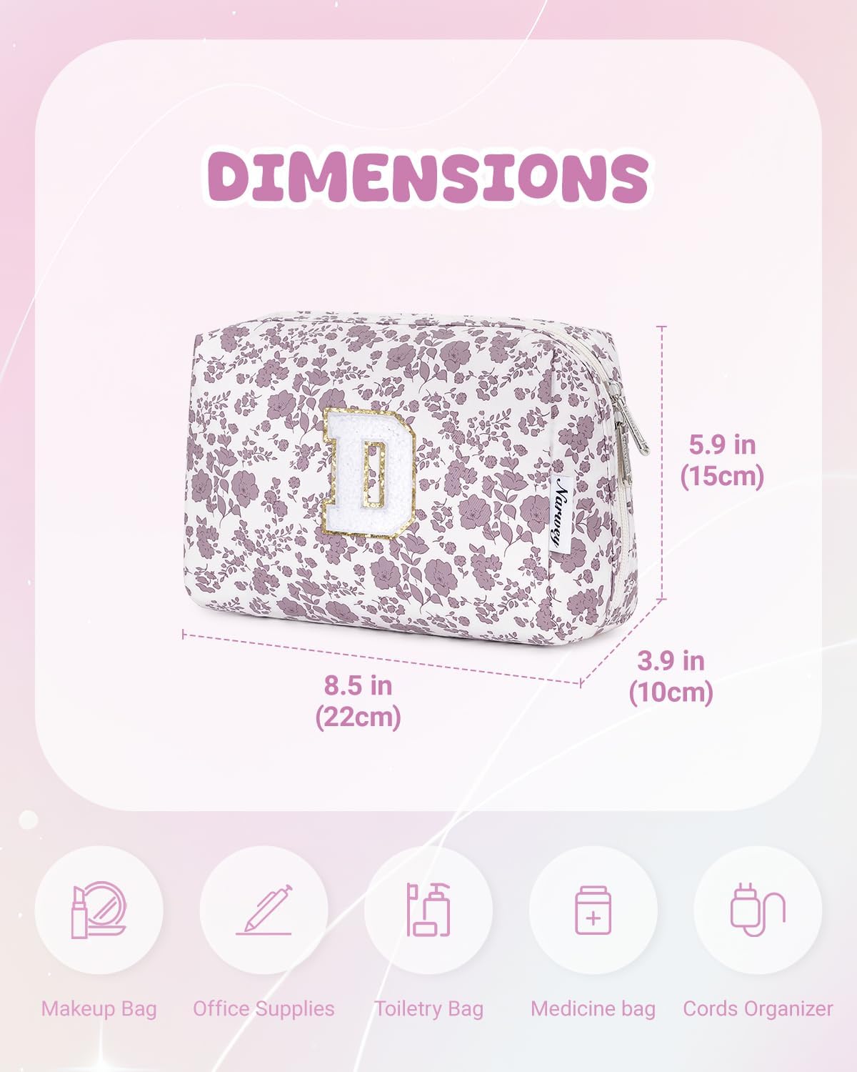 Narwey Birthday Gifts for Teen Girls Kids Women Personalized Initial Floral Makeup Bag Cute